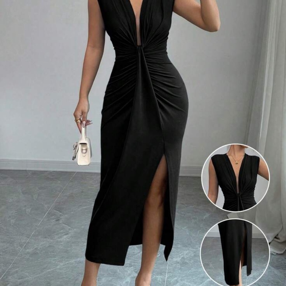 SHEIN Black Ruched Midi Dress